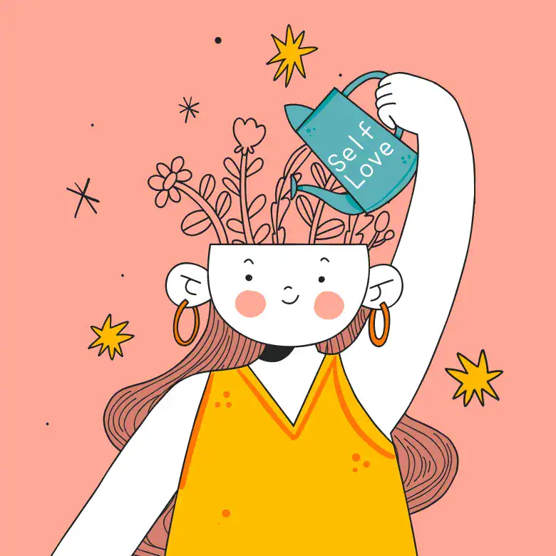 A woman with flowers in her head and a watering can.