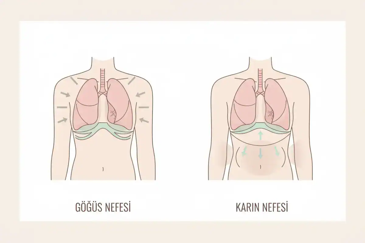 Göğüs nefesi ile karın nefesini karşılaştıran, diyafram hareketini gösteren sade bir psikoeğitim illüstrasyonu.