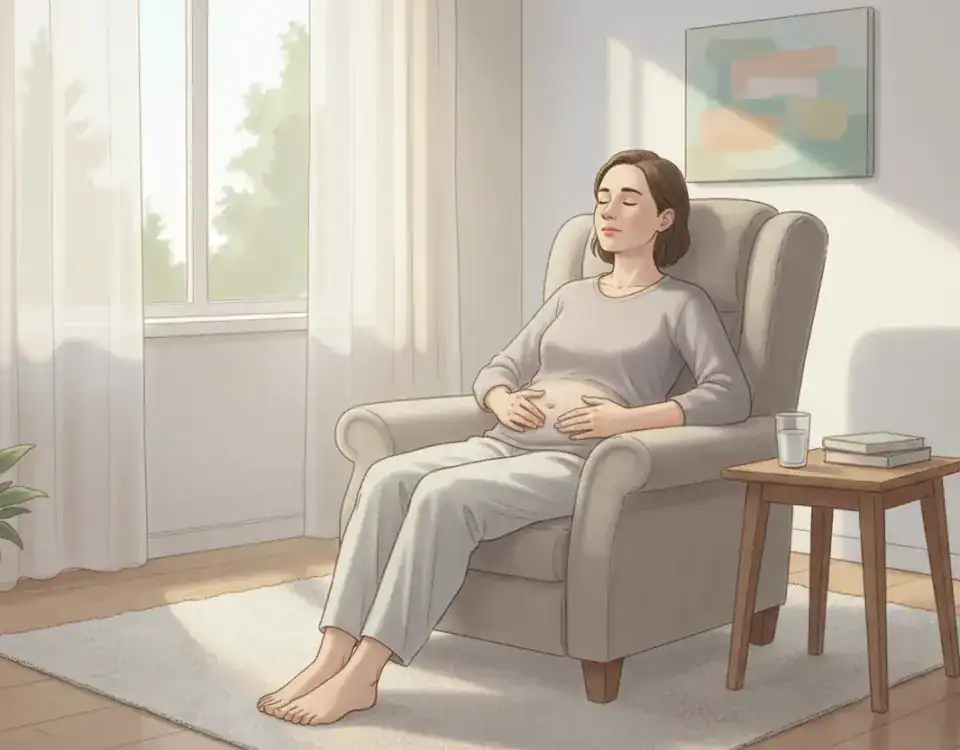 “Psikolojik nefes darlığı yaşayan bir kişinin derin nefes egzersiziyle sakinleşme sürecini gösteren huzurlu bir oda sahnesi.”