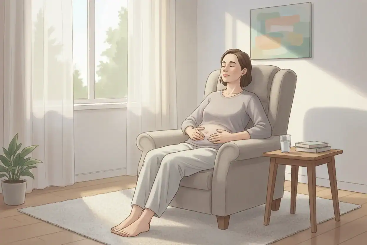 “Psikolojik nefes darlığı yaşayan bir kişinin derin nefes egzersiziyle sakinleşme sürecini gösteren huzurlu bir oda sahnesi.”