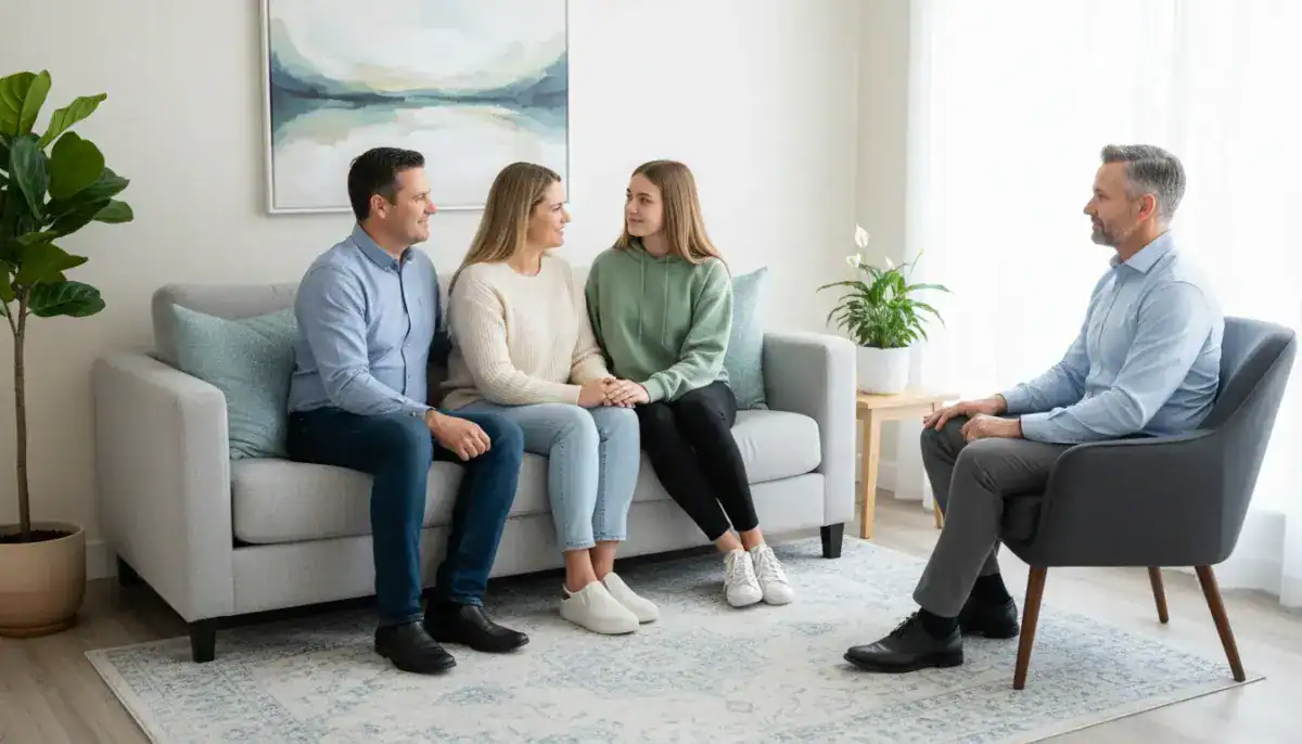 Çift terapisi sürecinde terapist eşliğinde sakin bir şekilde konuşan çift