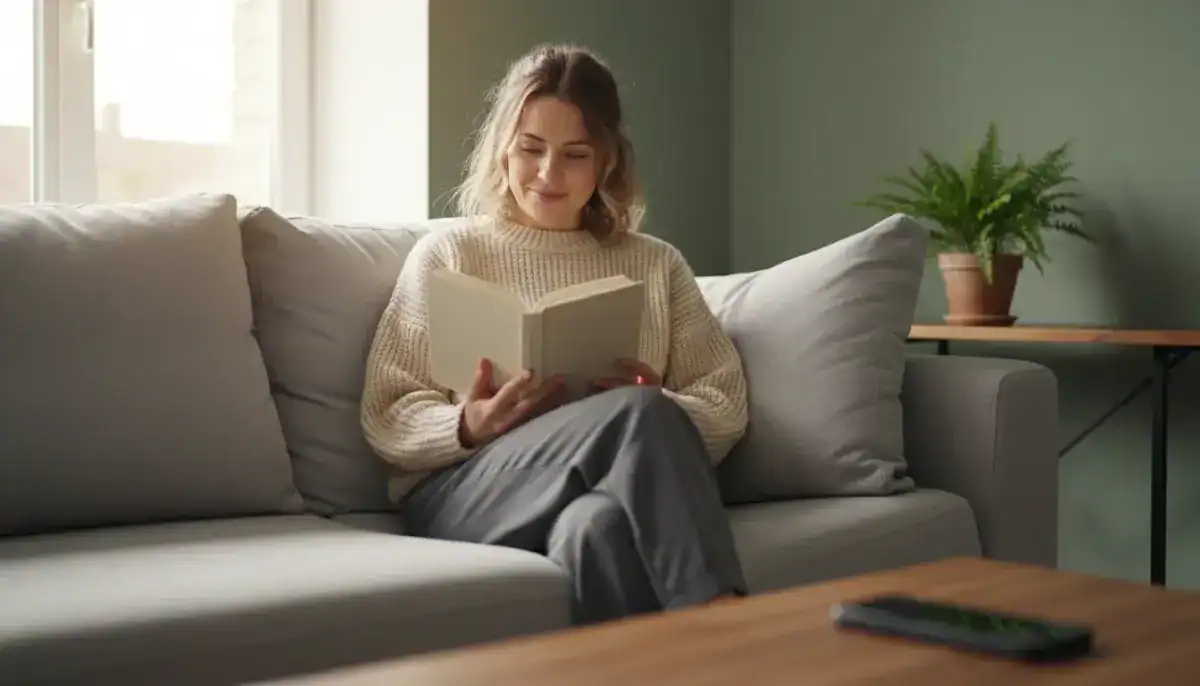 Sosyal medya bağımlılığı ve dijital yorgunluktan uzaklaşarak anı yaşayan huzurlu kadın.