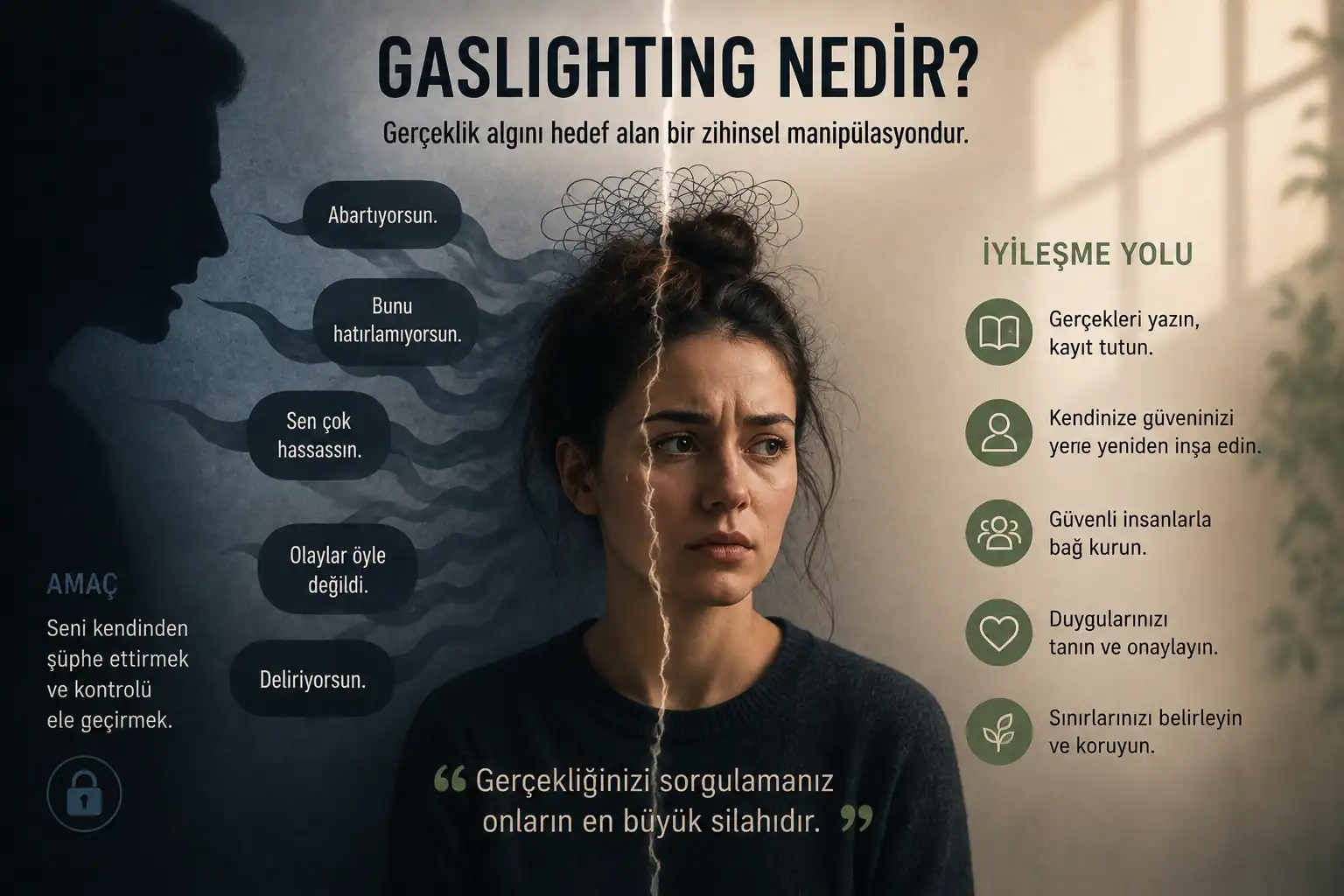 Gaslighting infografiği — sık kullanılan cümleler, manipülasyonun amacı ve iyileşme adımları