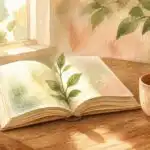 Bibliyoterapiyi simgeleyen, sayfalarının arasından yeşil bir filiz çıkan açık kitap ve yanında seramik fincan
